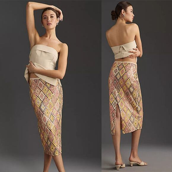 NEW Le Superbe Sundrop Sequined Lined Geometric Pattern Midi Skirt Pink Size: 2 - Picture 8 of 8